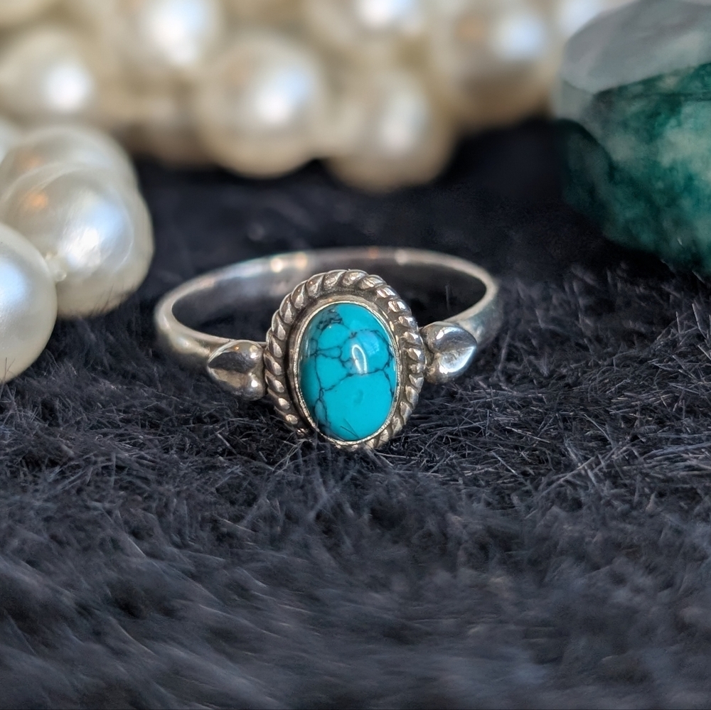Sterling Turquoise Colored Gemstone Ring 8 - Dainty 925 Everyday Silver